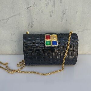 Rodo Italy black woven crossbody handbag with gold chain and clasp
